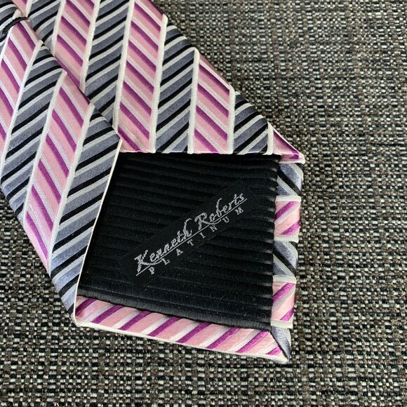 KENNETH ROBERTS Platinum Pink Black Necktie - silk designer geometric striped - Picture 9 of 9